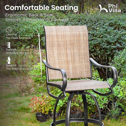 PHI VILLA 5 PCS Outdoor Bar Set, Counter Height Swivel Chair with Rectangle Metal Table, Textilene Fabric and Quick-Drying Waterproof,High Patio Set for Garden, Yard, Poolside