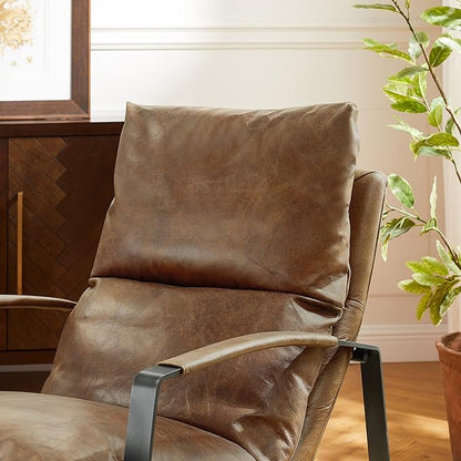 Art Leon Set of 2 Genuine Leather Accent Chairs for Living Room, Mid Century Modern Lounge Chair Living Room Sofa Chair with Black Metal Frame, Brown