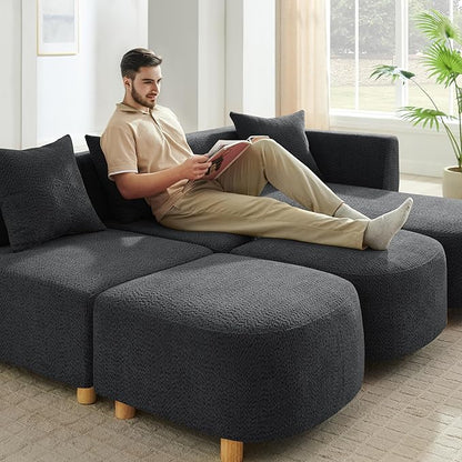 VANOMi 109.84" Modular Sectional Sofa with 3 Pillows, Convertible 5-Seater Comfy Boucle Cloud Couch with Ottoman, Modern Sectional Sofas for Living Room, Office, Apartment (Dark Gray)