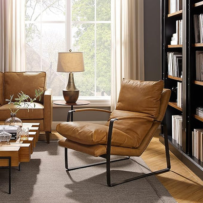 Art Leon Set of 2 Genuine Leather Accent Chairs, Mid Century Modern Lounge Chair Living Room Sofa Chair with Black Metal Frame, Light Brown
