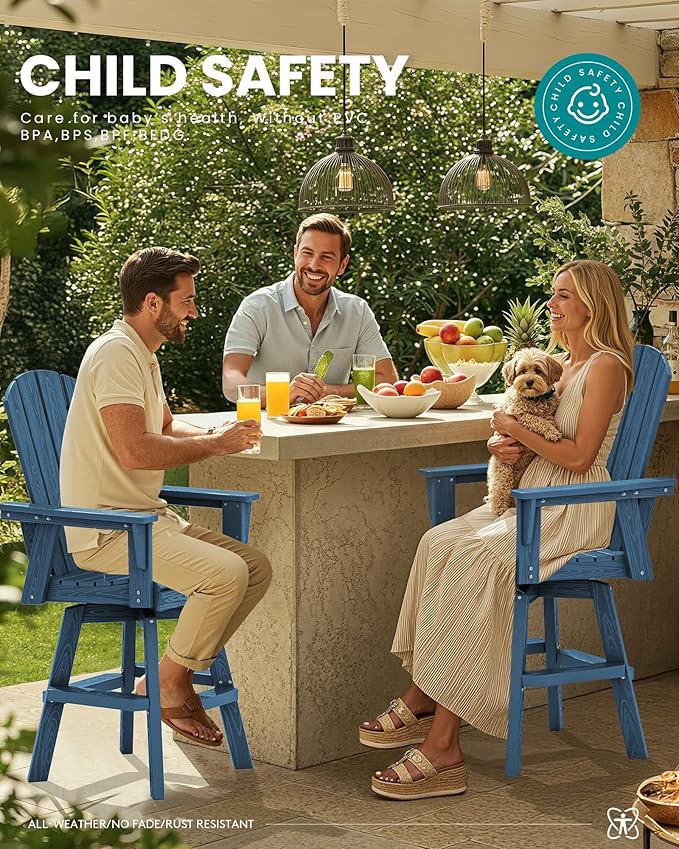 SERWALL 10-Piece Swivel Adirondack Bar Set, HDPE Swivel Bar Height Chairs Set of 8 with 2 Bar Tables, All-Weather Outdoor Barstools for Patio, Poolside, Garden, Blue