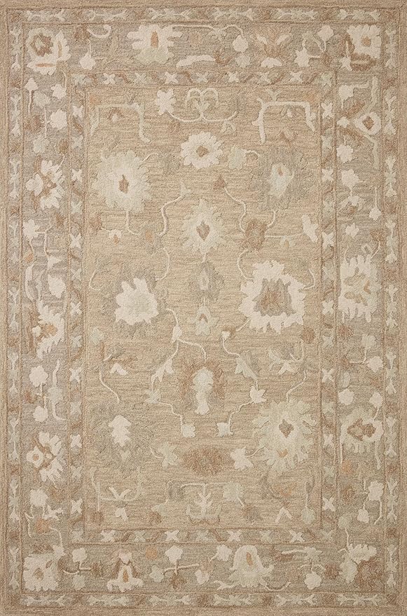 Loloi Chris Loves Julia Dorothea Collection DRT-02 Khaki/Dove 9'-3" x 13' Area Rug Wool Neutral Floral Living Room Bedroom Carpet