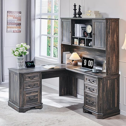 T4TREAM 59" Executive L Shaped Desk with Hutch,Victorian Wood Computer Desk, Featuring Charging Station,File Drawer, Storage Cabinet,for Home Office Work and Study (Dark Rustic Oak)