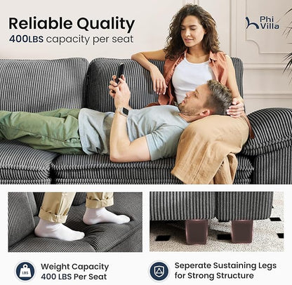 PHI VILLA Cloud Modular Couches Sets, 87.5" Sectional Loveseat Sofa with Upholstered Deep Seat, 2-Seater Comfy Couches for Living Room Bedroom, Corduroy Fabric, Grey