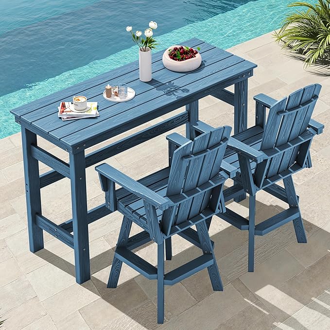 SERWALL 3-Piece Swivel Adirondack Bar Set, HDPE Swivel Bar Height Chairs Set of 2 with Bar Table, All-Weather Outdoor Barstools for Patio, Poolside, Garden, Blue