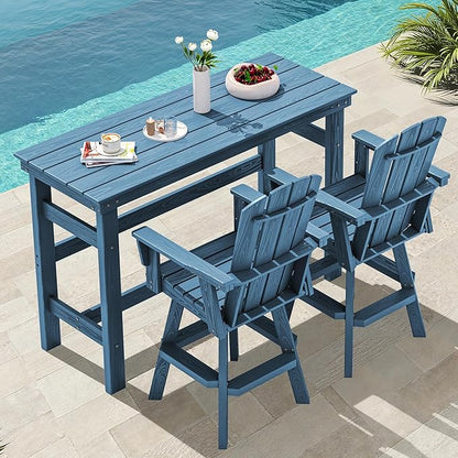 SERWALL 3-Piece Swivel Adirondack Bar Set, HDPE Swivel Bar Height Chairs Set of 2 with Bar Table, All-Weather Outdoor Barstools for Patio, Poolside, Garden, Blue