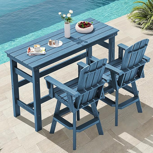 SERWALL 3-Piece Swivel Adirondack Bar Set, HDPE Swivel Bar Height Chairs Set of 2 with Bar Table, All-Weather Outdoor Barstools for Patio, Poolside, Garden, Blue