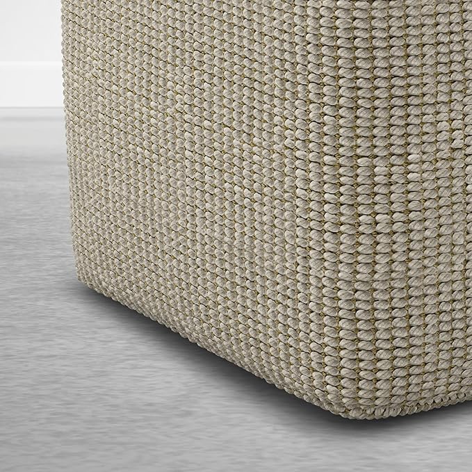 SIMPLIHOME Zelma Pouf - 18 inch Wide Upholstered Recycled PET Polyester Square Pouf Ottoman in Dune Beige, Boho Indoor/Outdoor Footstool for Patio or Living Room with Handwoven Design, Assembled