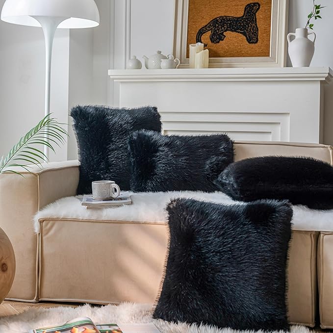Neelvin Black Faux Fur Cozy Fluffy Double-Sided Decorative Throw Pillow Covers 24x24 inch Set of 2,Velvet Pillowcase Cushion Case for Sofa Couch