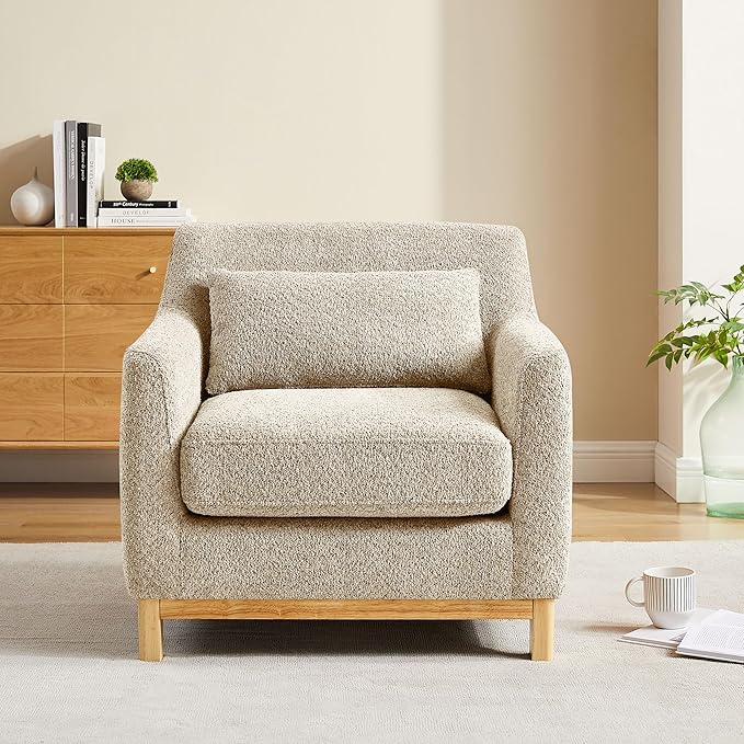VANOMi Accent Chairs for Living Room, Sherpa Oversize Accent Chair with Thick Cushion 31 Inch Comfy Chair for Bedroom, Apartment, Light Camel