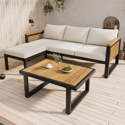 Christopher Knight Home Alvin 3-Piece Acacia Wood Metal Patio Furniture Set, Outdoor Sectional Conversation Sofa Chat Set with Coffee Table and Ottoman for Backyard or Balcony, Teak+Beige+Black