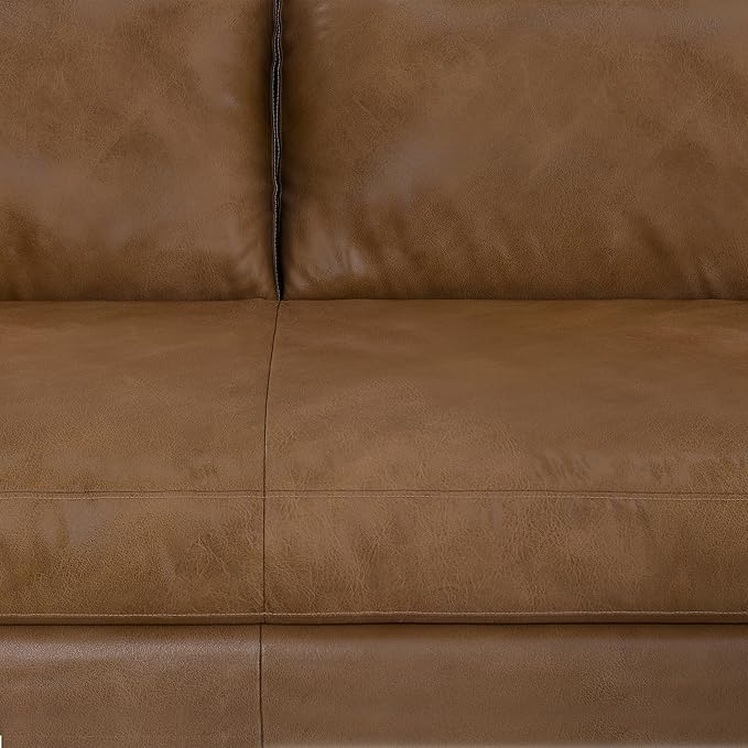 SIMPLIHOME Morrison 72-inch Wide Sofa in Caramel Brown Top Grain Genuine Leather, Mid-Century Modern-Style Loveseat for Living Room, Single Bench Cushion, Removable Back Cushions, 2 Bolster Pillows