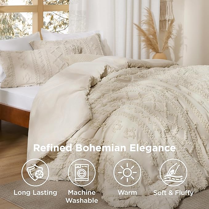 Bedsure Tufted Boho Comforter Set Oversized Queen - Beige Boho Bed Set, GentleSoft™ 3 Pieces Farmhouse Shabby Chic Embroidery Bedding, Gifts for Woman, Soft Jacquard Comforter for All Seasons