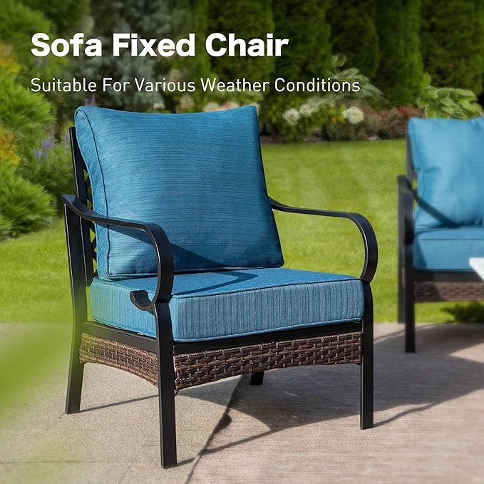 6 Piece Metal Outdoor Patio Furniture Set, Patio Conversation Sets with 3-seater Couch, 4 Single Sofa (5.75" Extra Thick Cushion) & Coffee Table, Black Frame Backyard Furniture, Blue-2