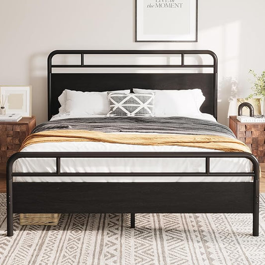 Allewie Full Size Platform Bed Frame with Wooden Headboard and Footboard, Heavy Duty 13 Metal Slats Support, Under-Bed Storage, No Box Spring Needed, Noise Free, Easy Assembly, Black Oak
