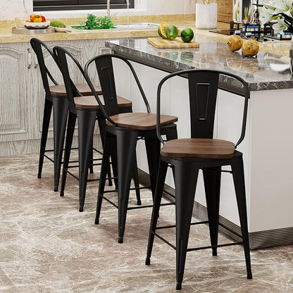 Aklaus Swivel Metal Bar Stools Set of 4 Counter Height Stools Counter Bar Stools with Back Swivel Metal Bar Chairs Wooded Seat 30 Inch Matte Black Barstools