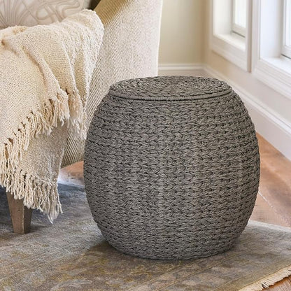 Household Essentials Handwoven Paper Rope Barrel Wicker Storage Basket Side Table, Gray
