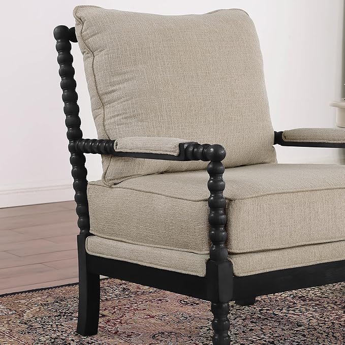 Morden Fort Linen Fabric Spindle Accent Chair with Wood Frame, French Style Accent Chairs with Padded Spring Seat and Armrest Pads, Brushed Base for Living Room Bedroom Farmhouse Office Balcony