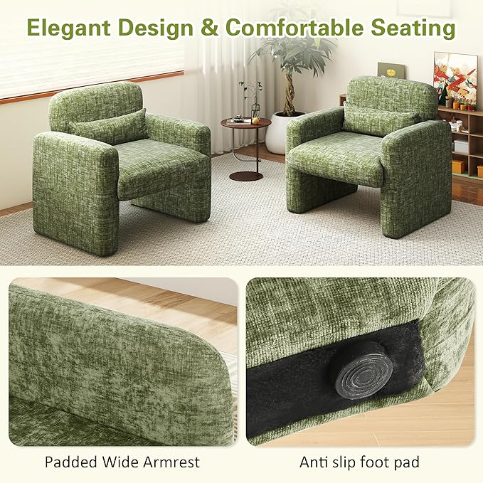 LSSPAID Modern Accent Chairs, Chenille Fabric Armchairs for Living Room, Comfy Upholstered Leisure Single Sofa Chair with Lumbar Pillow for Bedroom, Balcony, Office (Green, Set of 2)