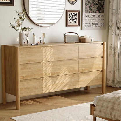 Dresser for Bedroom with 9 Drawers,63" Wide Oak Dresser with 4 Solid Wood Legs, Wooden TV Stand,Closet Clothes Organizer for Bedroom, Hallway