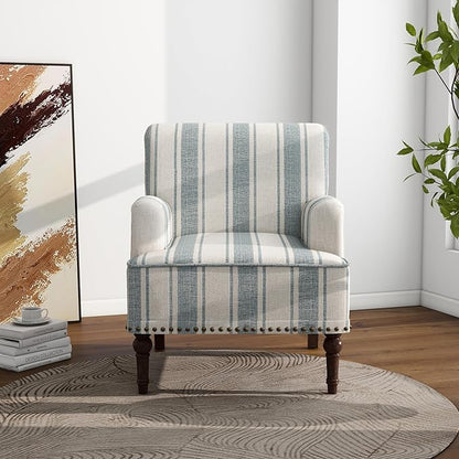 Accent Chair, Mid Century Modern Comfy Armchair for Living Room, Linen Fabric Single Sofa Lounge for Reading Bedroom Apartment Waiting Room with Wood Legs (Blue Stripe, Set of 1)