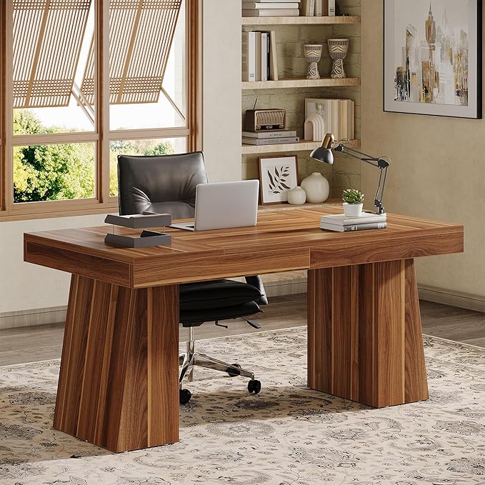 Tribesigns 55" Executive Desk, Wooden Office Desk with Double Pedestal, Modern Simple Computer Writing Table for Home Office, Medium Brown