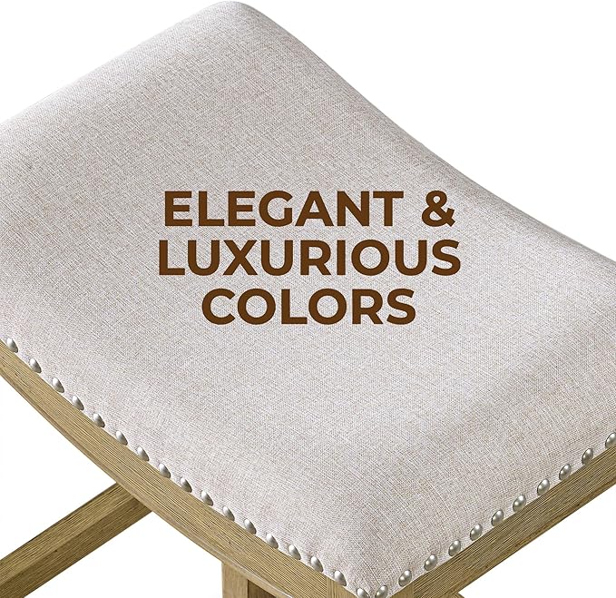 ROME + OAK Set of 4 Parker 26" Counter Stool, Backless Saddle Kitchen Barstool in Natural Wood Finish with Wheat Cream Fabric Upholstery Cushion Seat