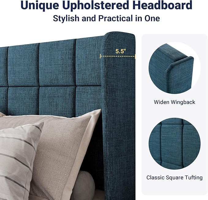 Allewie Queen Size Platform Bed Frame with Wingback, Fabric Upholstered Square Stitched Headboard and Wooden Slats, Mattress Foundation, Box Spring Optional, Easy Assembly, Dark Blue
