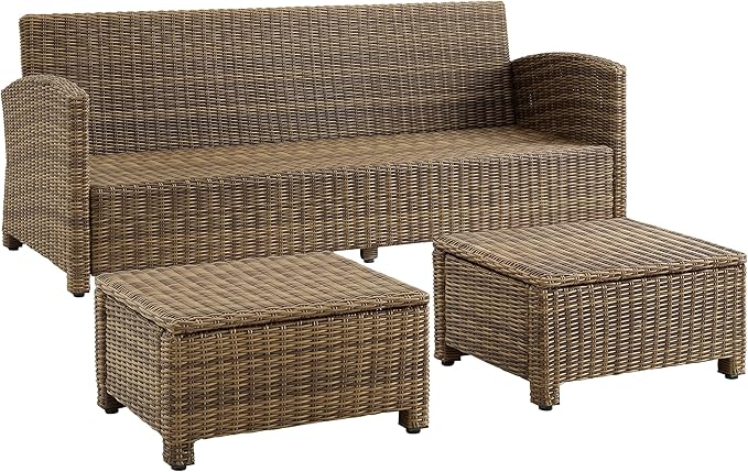 Crosley Furniture Bradenton 3-Piece Outdoor Sofa Patio Furniture Set, Wicker Conversation Sets for Porch, Brown with Sangria Cushions