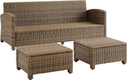 Crosley Furniture Bradenton 3-Piece Outdoor Sofa Patio Furniture Set, Wicker Conversation Sets for Porch, Brown with Sand Cushions