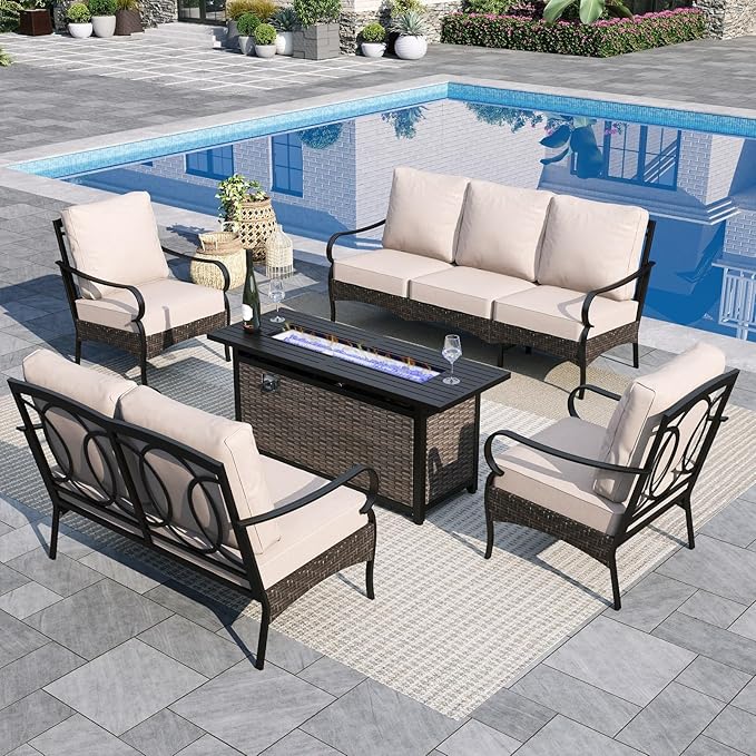 Sophia & William Patio Furniture Set with Fire Pit Table, 5 PCS Metal Outdoor Conversation Set with Fire Pit Table, 2 Sofa Chairs,1 Loveseat, 3-Seater Couch for Outdoor Seating, Backyard, Porch(Beige)