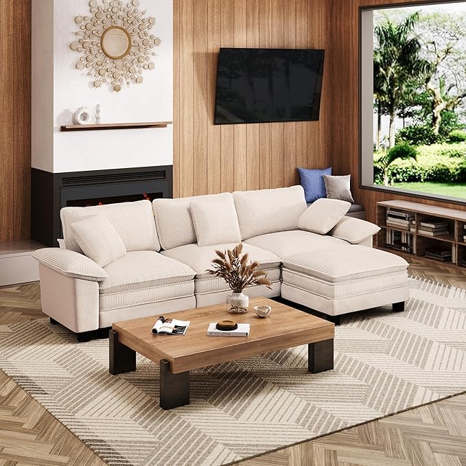 123-Inch L Shaped Sectional Sofa with Cloud Cushions, Deep Seat Modular Couch Set w/ 4 Seats & 1 Ottomans, Plush Chenille & Corduroy Upholstery for Living Room, Apartment - Beige
