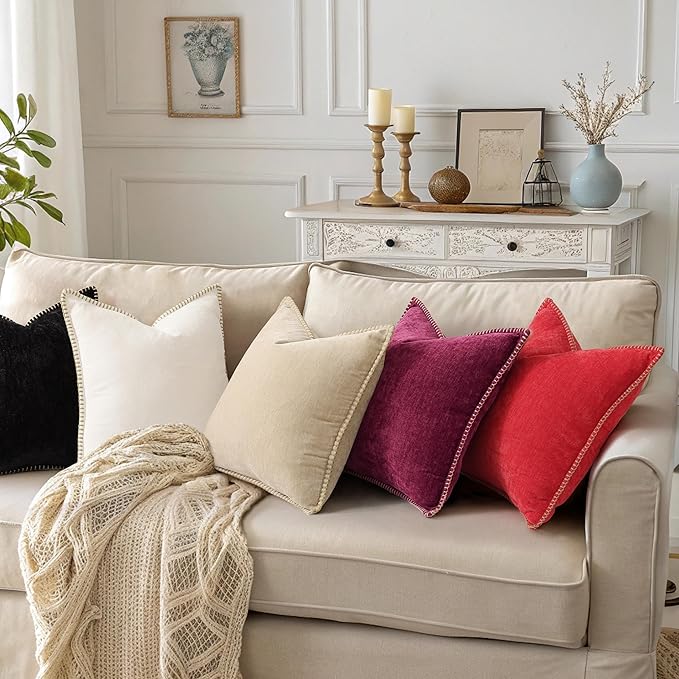 decorUhome Christmas Chenille Soft Throw Pillow Covers 26x26 Set of 2, Farmhouse Velvet Neutral Decorative Euro Pillow Covers with Stitched Edge for Couch Sofa Bed Home Decor, Rhododendron