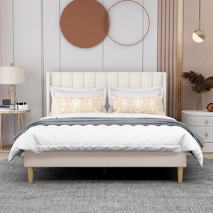 AGARTT Upholstered Platform Bed Frame Queen Size with Headboard and Footboard/Wooden Slats Support/No Box Spring Needed/Easy Assembly,Beige Velvet