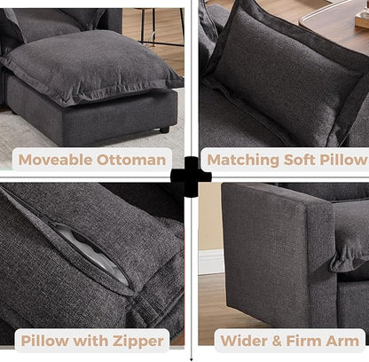 chairus 97" Modular Sectional Sofa with Moveable Ottoman Upholstered Deep Seat Linen Couch Set with Soft Pillows L-Shape Sofa Couch for Living Room, Apartment, Reception Room, 3-Seater/Black