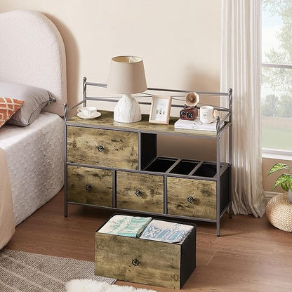 VECELO Dresser TV Stand for Bedroom with 5 Fabric Drawers, Entertainment Center for 32/40/43 in TVs, Media Console Table with Storage, Open Shelf, Adjustable Feet, Living Room Furniture, Rustic Gray