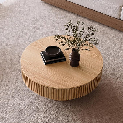 39.37'' Round Coffee Table for Living Room, Fluted Tea Table with Hidden Storage, Solid Wood Circle Coffee Table, Modern Tea Table for Small Space Apartment-Natural Wood 39.37''D×13.78''H