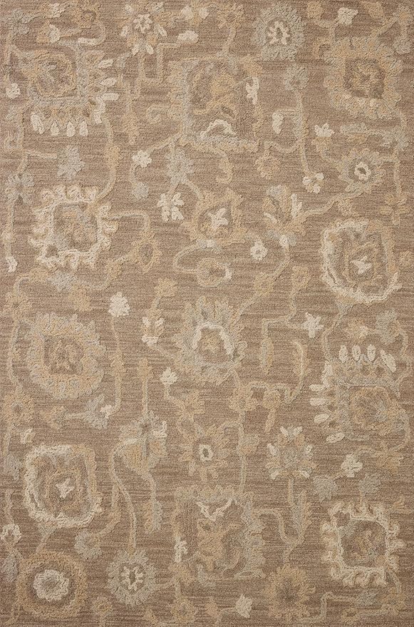 Loloi Chris Loves Julia Dorothea Collection DRT-01 Bark/Stone 2'-6" x 9'-9" Runner Rug Wool Neutral Floral Living Room Bedroom Carpet