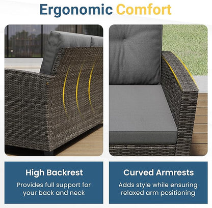 Wisteria Lane 4 Piece Patio Furniture Set, Wicker Outdoor Patio Conversation Furniture Set, All Weather Outdoor Patio Sofa with Cushion and Glass Table, Gray Wood