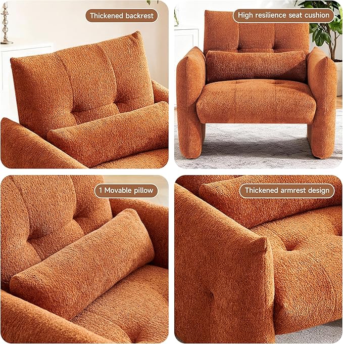 33.9" Accent Chairs, Modern Upgrade Sherpa Fabric Arm Chair Comfy Upholstered Armchair Leisure Single Sofa Chair with a Waist Pillow for Bedroom, Office and Living Room