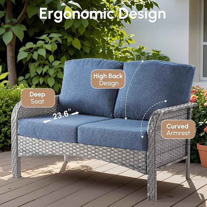 8 PCS Patio Outdoor Furniture Set with Swivel Rocking Chairs,All Weather Wicker Rattan Patio Seating Sofa and Chairs Set,Outdoor Conversaiton Sets for Deck Yard Prrch Garden Poolside,Blue