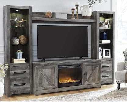 Signature Design by Ashley Wynnlow Rustic 4-Piece Entertainment Center for TVs up to 72" with Electric Fireplace, LED Lighting and Adjustable Temperature, Gray