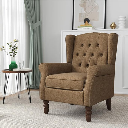 High Back Accent Chairs Set of 2, High Wingback Chair for Living Room, Button-Tufted Upholstered Fabric Armchair with Solid Wood Legs, Comfy Single Sofa Reading Chair for Bedroom, Brown