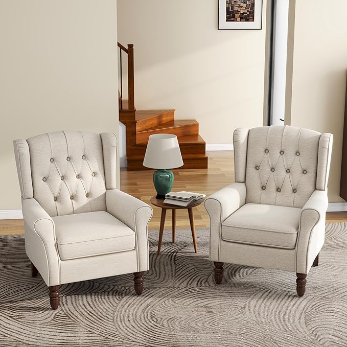UIXE High Back Accent Chairs Set of 2, Fabric Upholstered Armchair Wingback Club Chair for Living Room, Comfy Single Sofa Bedroom Retro Reading Seat with Solid Wood Legs - Beige