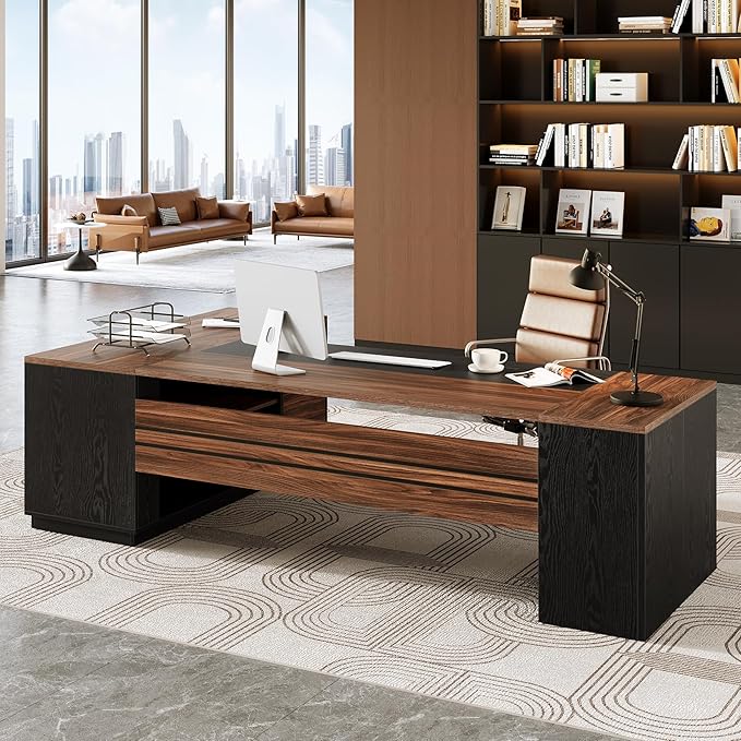 LITTLE TREE 78.7 Inches Modern Executive Desk with File Cabinet, Extra Large L Shaped Home Office Desk with Drawers, Professional Spacious Workstation for Home Office (Brown & Black)