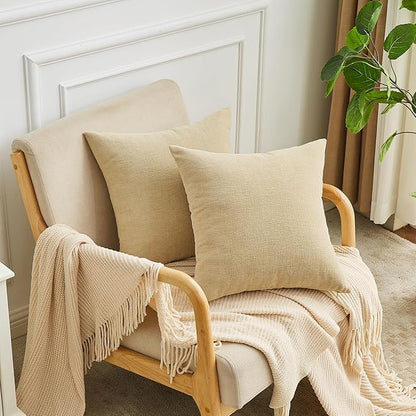GAWAMAY Decorative Chenille Throw Pillow Covers 24x24 Inch Pack of 2, Soft Square Couch Pillow Cover for Sofa Cushion Living Room Bedroom Solid Dyed Pillowcases Khaki 60x60cm (ONLY Covers)