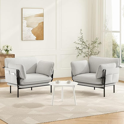 Modern Accent Chair for Living Room, Oversized Reading Chair with Solid Metal Legs, Upholstered Fabric Armchair with Side Pockets and 2 Pillows, Comfy Accent Chairs for Bedroom, Nursery, White