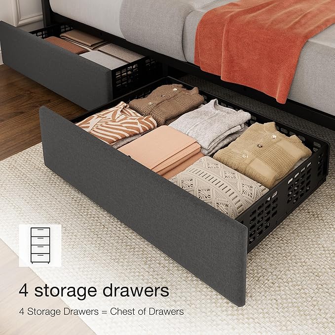 Garvee Full Size Bed Frame with 4 Storage Drawers, Adjustable Height Headboard, Linen Upholstered Platform Bed Frame, No Box Spring Needed, Easy Assembly, Grey