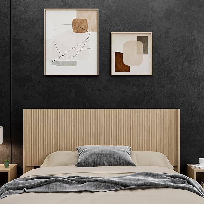 KEIKI Wooden Queen Size Headboard Only, 64.5" Wide Farmhouse Headboards with Wall Mounted Fluted Panel & Wingback for Bedroom, Oak