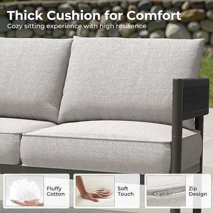 Grand patio 5-Piece Outdoor Furniture Set, 5 Seats Wicker Sofa Conversation Set with 3-Seat Couch, Thick Cushions and Coffee Table, for Backyard, Balcony, Garden (Beige)